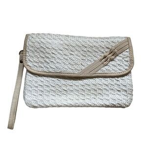 Sarne Vintage 1960's White Clutch Purse Woven Raffia Tan Leather Trim
